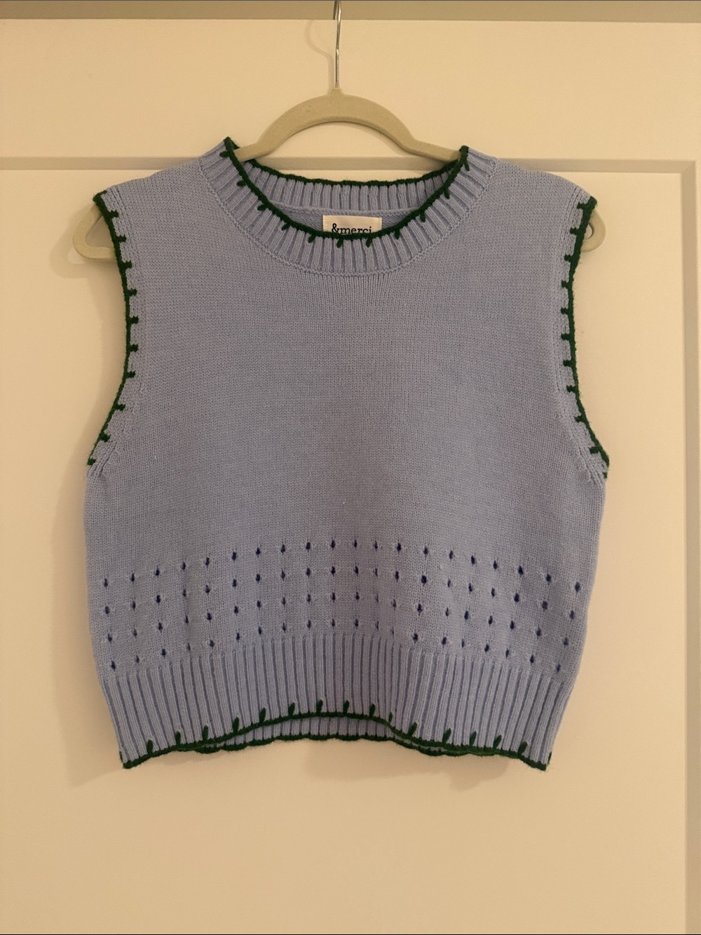 &merci sky blue Knit Sleeveless Sweater Vest with Green Trim- never worn